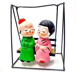 MCM Hand Painted Bisque Porcelain Kissing Couple Swing Japan
